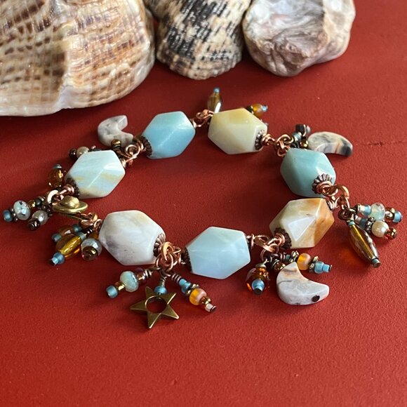 Gemstone Dangle Bracelet, Amazonite, Beaded Bracelet, Chunky Boho - Picture 3 of 7
